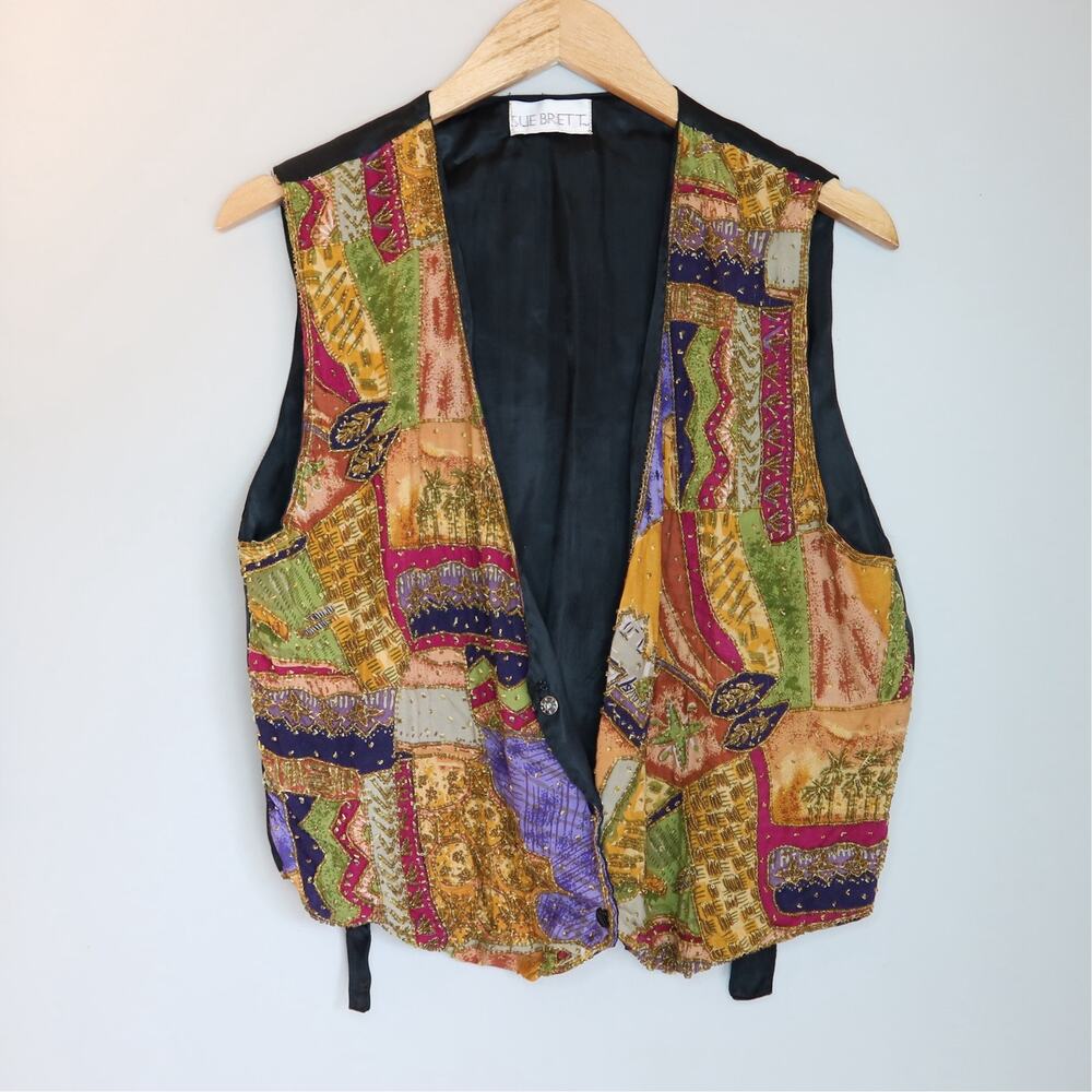 Sue Brett Vintage Silk Beaded Patchwork Vest Boho Sequin Tie Back